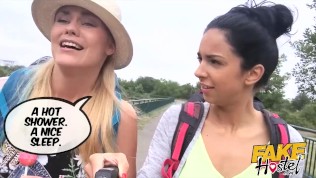 Fake Hostel – Lesbian landlady loves the aroma of Teen travellers honey pots